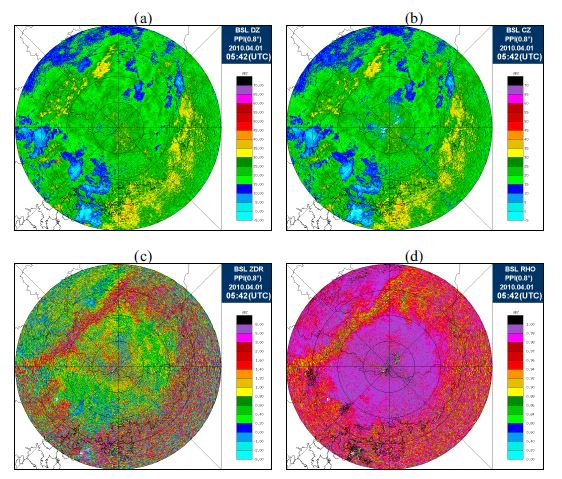 The PPI images of (a) unfiltered reflectivity (DZ), (b) filtered reflectivity(CZ), (c) differential reflectivity (ZDR), and (d) correlation coefficient at the elevation angle of 0.8° for BSL dual-polarimetric weather radar.