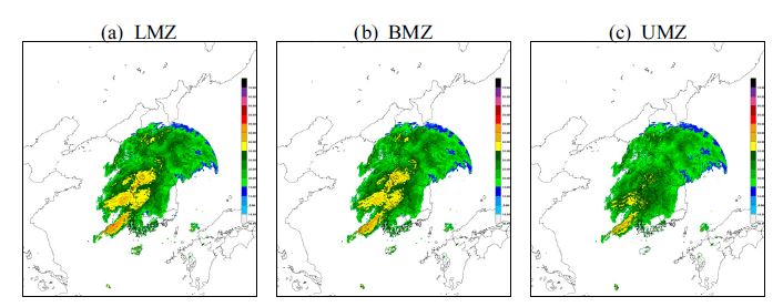 Example images of mean reflectivity (a) below, (b) at, and (c) above melting layer(or bright band) at 2000UTC 10 Sep. 2010, respectively.