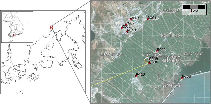 Layout of 10 rain gauges around the National Center for Intensive Observation of Severe Weathers in Boseong-gun (B), Jeollanam-do, Korea. The numbers of right map indicate the Identification number of each rain gauges.