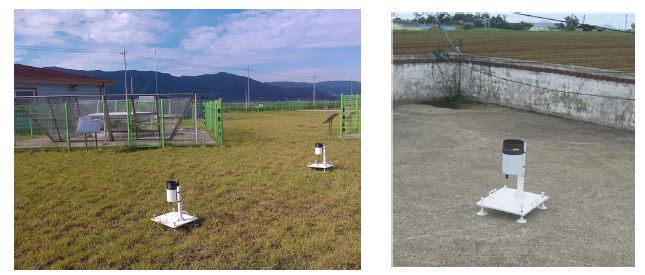 Photographs of the rain gauge installed at the National Center for Intensive Observation of Severe Weathers(left) and on a roof of a building (right).