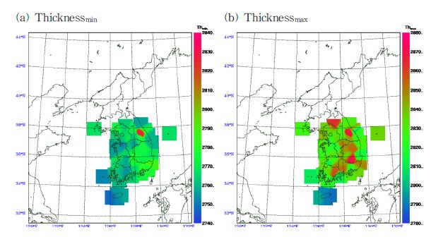 The distribution of minimum value (a) and maximum value (b) for thickness between 1000 hPa and 700 hPa.