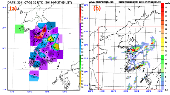 GPS precipitation water vapor(a), analysis field from Radar and AWS(b).