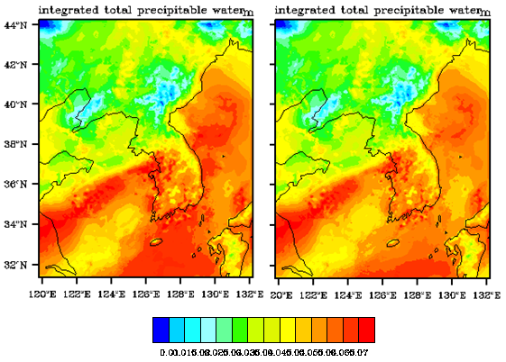 The comparison of without GPS(left) and with GPS data(right) for total precipitable water field.