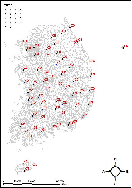 The point map relative to optimal cluster of 61 observation point using SOM's Davies-Bouldin Index from 1980 to 2010