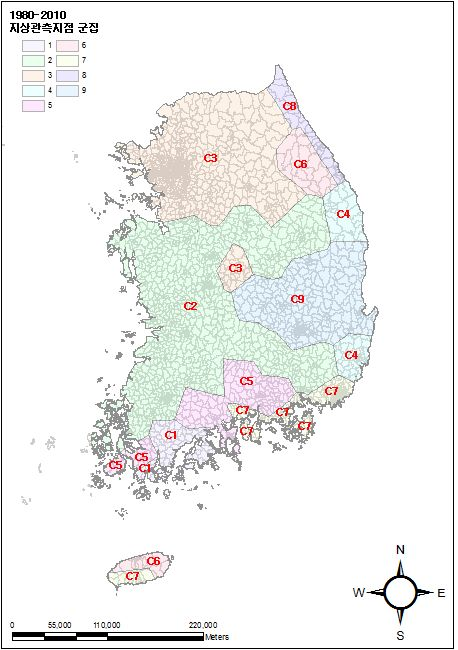 Regionalization of the point map relative to optimal cluster of 61 observation point using SOM's Davies-Bouldin Index from 1980 to 2010