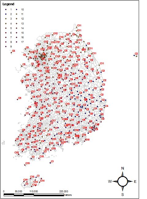 The point map relative to optimal cluster of 61 observation point and 343 AWS point using SOM's Davies-Bouldin Index from 1997 to 2010