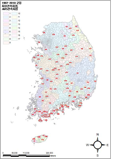 Regionalization of the point map relative to optimal cluster of 61 observation point and 343 AWS point using SOM's Davies-Bouldin Index from 1997 to 2010