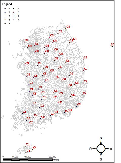 The point map relative to optimal cluster of 61 observation point using K-Means' Dunn Index from 1980 to 2010