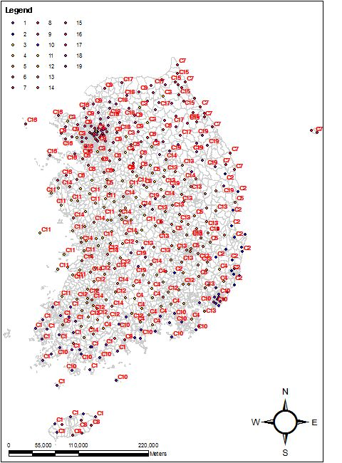 The point map relative to optimal cluster of 61 observation point and 343 AWS point using K-Means' Dunn Index from 1997 to 2010