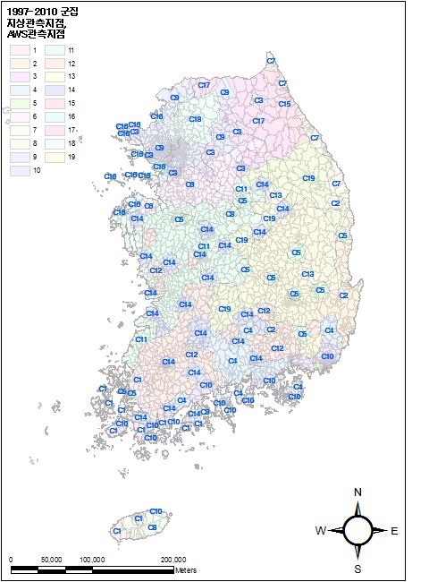 Regionalization of the point map relative to optimal cluster of 61 observation point and 343 AWS point using K-Means' Dunn Index from 1997 to 2010