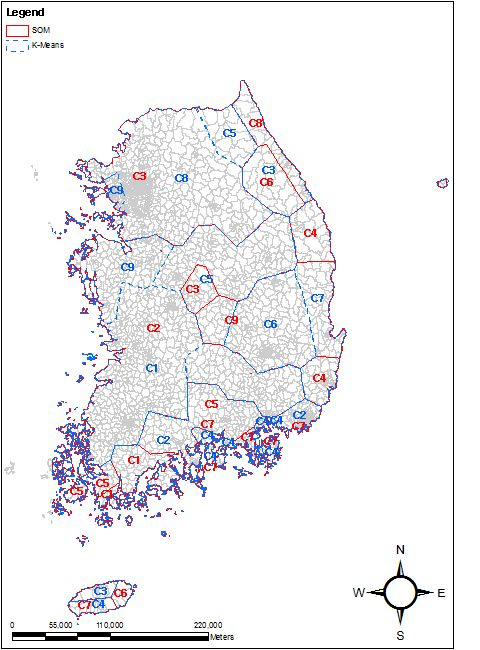 Regionalization of the point map for comparison of cluster using SOM and K-Means based on 61 observation point from 1980 to 2010