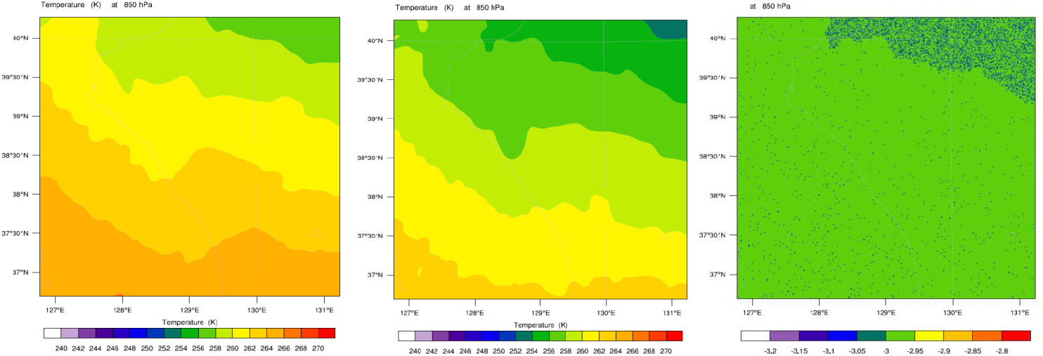 Spatial distribution of the CONT(a) and EXP3(b) at the 850hPa temperature and their difference(c).