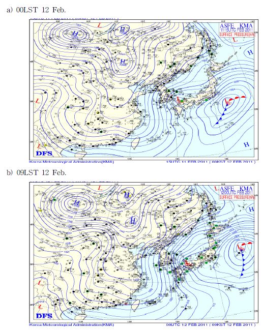 Synoptic surface weather chart at 00LST (15UTC, upper) and 09LST (00UTC, lower) 12 February 2011.