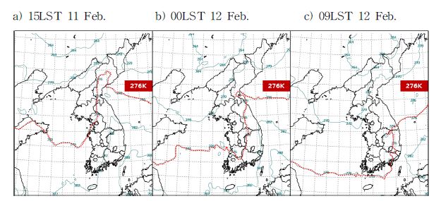 850hPa equivalent potential temperature (θe) at 15LST 11February(a), and 00LST(b), 09LST(c) 12 February 2011.