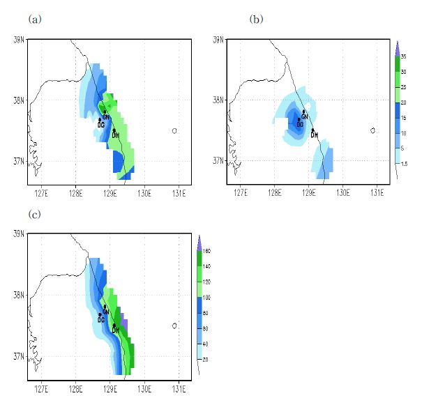 Spatial distribution of the 3-hour (22-24LST 11 Feb(a) and 07-09 LST 12 Feb(b)) and 4-day (11-14 Feb(c)) accumulated precipitation derived from observations. Here, GN, DH, and DG indicate the observational stations at Gangneung, Donghae, and Daegwallyong, respectively.