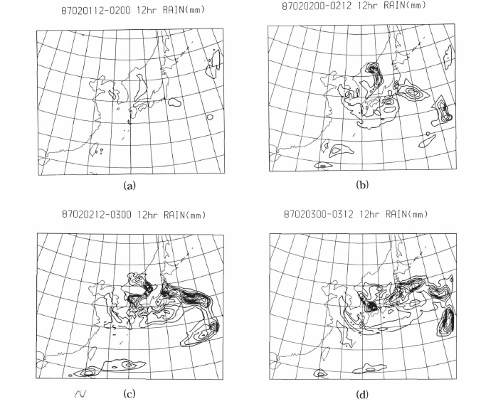 the distribution of computed rainfall equivalent to the snowfall for the period of (a) 1200UTC 1 February 0000UTC 2 February, (b) 0000 UTC 2 February-1200UTC 2 February, (c) 1200UTC 2 February-0000 UTC 3 February, amd (d) 0000 UTC 3 February-1200 UTC 3 February in 1987 for the coarse grid system.