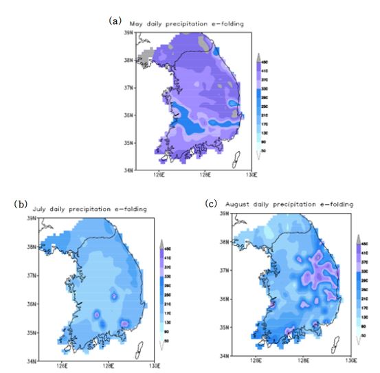 Spatial distribution of e-folding distance of daily precipitation in May(a), July(b) and August(c) from 1998 to 2010.