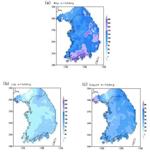 Spatial distribution of e-folding distance of hourly precipitation in May(a), July(b) and August(c) from 1998 to 2010.