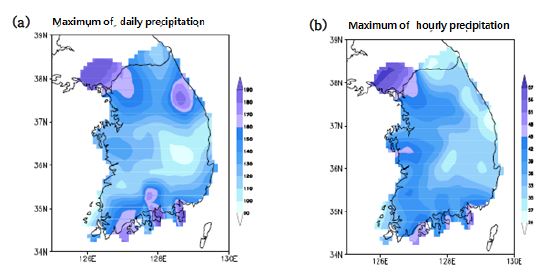 Spatial distribution of the daily(a) and hourly(b) maximum precipitation from 1973 to 2010.