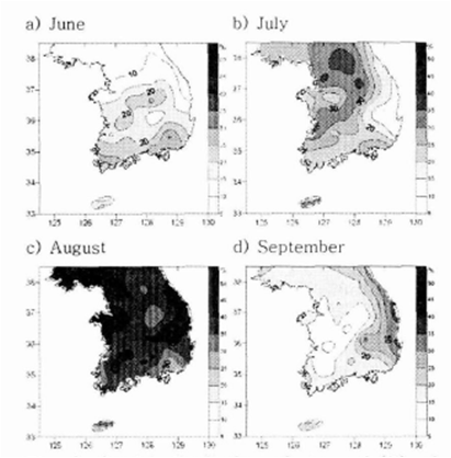 Spatial distribution of the ratio(%) of monthly heavy rainfalls to annual heavy rainfalls.