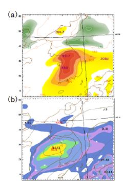 Spatial distribution of the SRH(a) and 12-hr accumulated precipitation(b) at 21UTC 21 Jun, 2008.