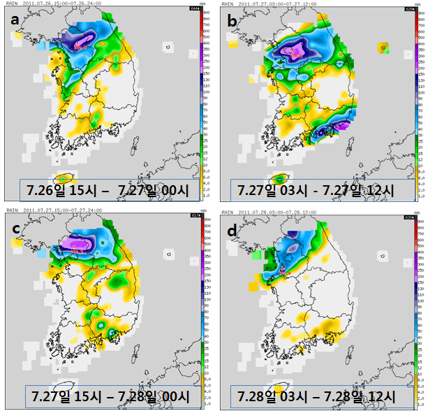 The distribution of AWS-observed total rainfall during the forecast time range of CReSS ensemble run for the 4 experiment cases: a) 12UTC Jul 25, b) 00UTC Jul 26, c) 12UTC Jul 26, d) 00UTC, Jul 27