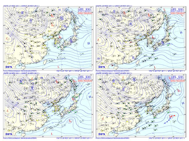 SFC3 weather chart, 00KST 28 NOV ∼ 12KST 29 NOV