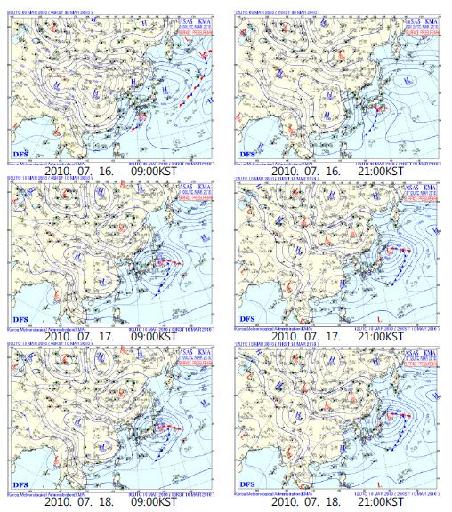 The surface weather chart in July 16～18, 2010