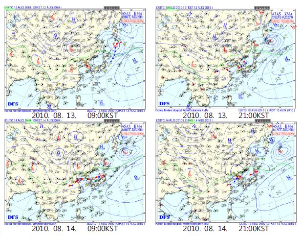 The surface weather chart for 12 hour in August 13～14, 2010