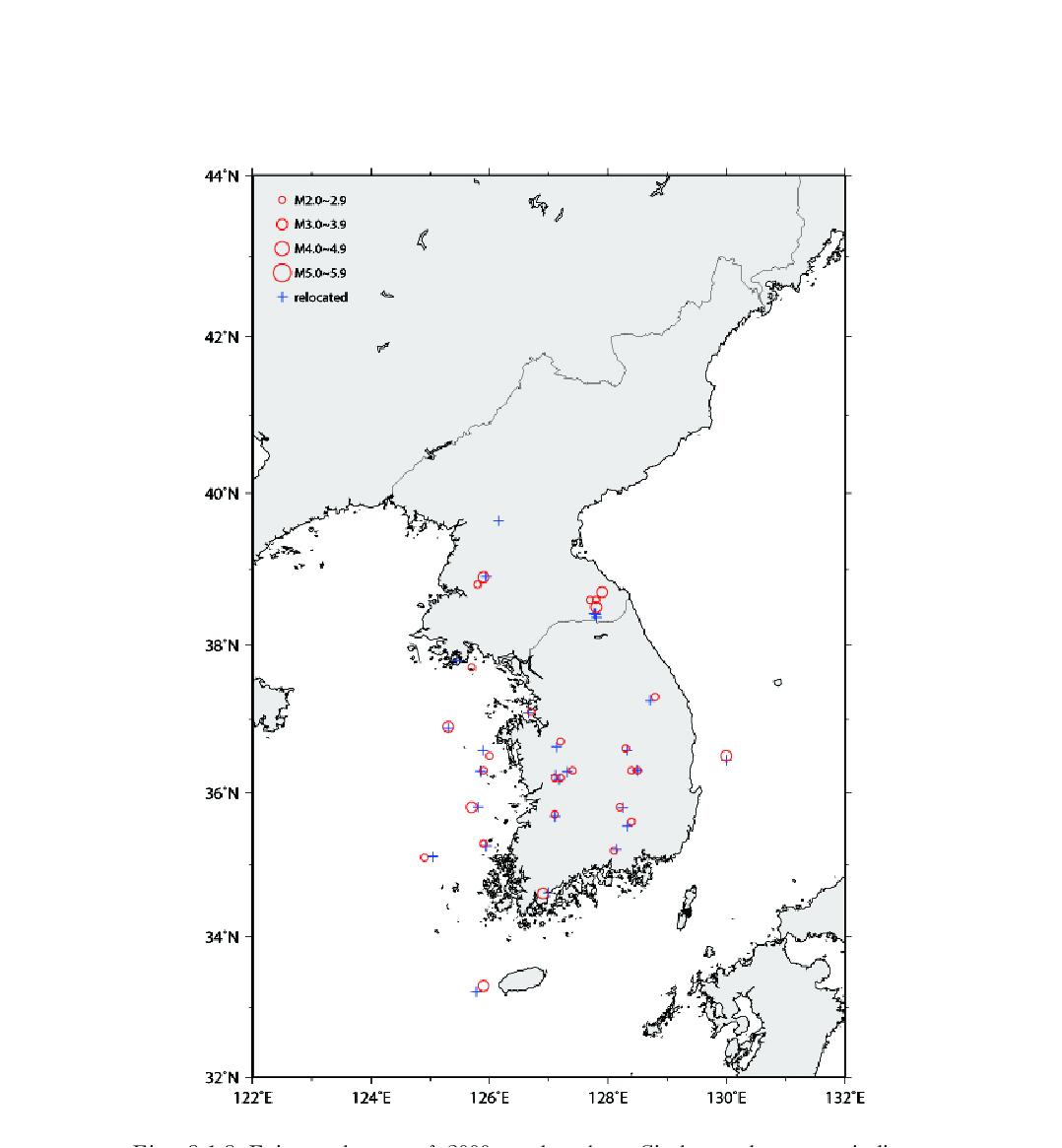 Epicentral map of 2000 earthquakes. Circles and crosses indicate the locations determined by KMA and using HYPOELLIPSE, respectively, and the sizes of circles vary depending on magnitude.