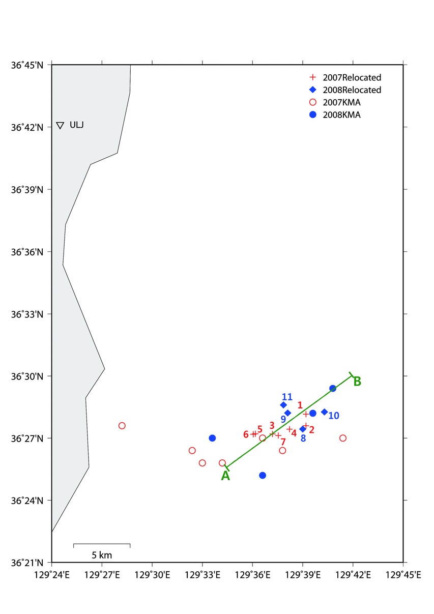 Epicentral map of occurred earthquakes in Yeongdeok offshore.