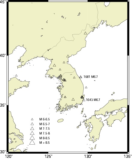 Historical earthquakes with magnitude greater than 6 on the Korean Peninsula.