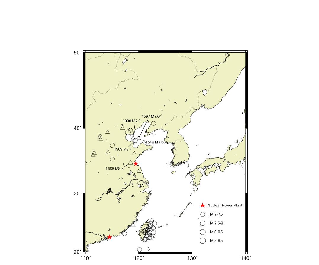 Large earthquakes with magnitude greaterthan 7 in eastern China and Taiwan region. Triangle and circle indicate historical and instrumental earthquakes, respectively.
