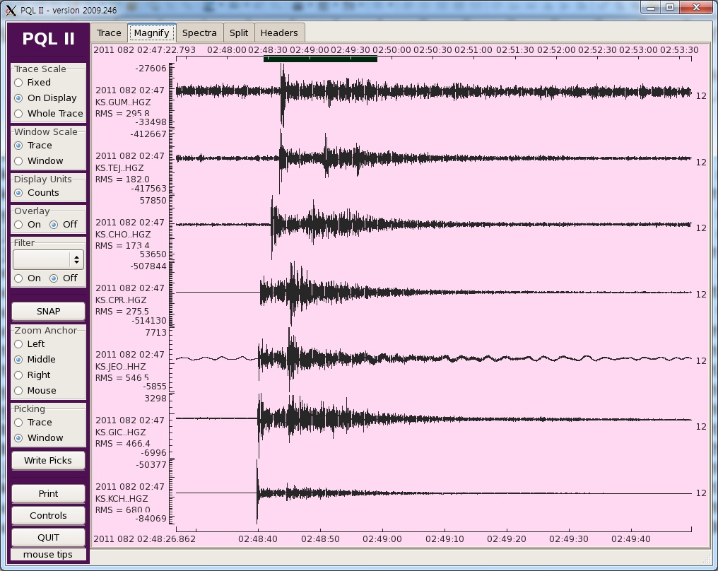 2011년 3월 23일 02:47분경(UTC) 발생한 미소지진 기록