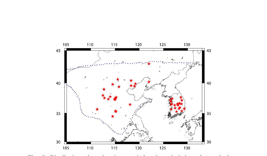 Distribution of earthquakes used for the calculation of magnitude - intensity relation. Dot line indicates the boundary of Sino-Korea craton.