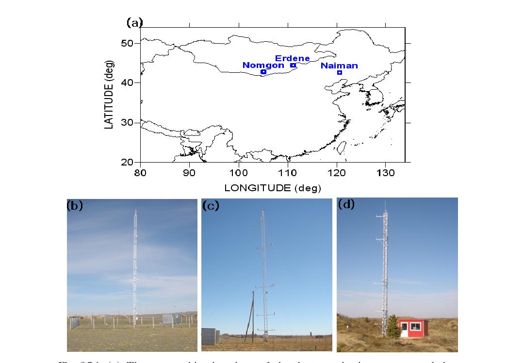(a) The geographica locations of the dust monitoring towers and the landscape of the (b) Nomgon (c) Erdene (d) Naiman sites.