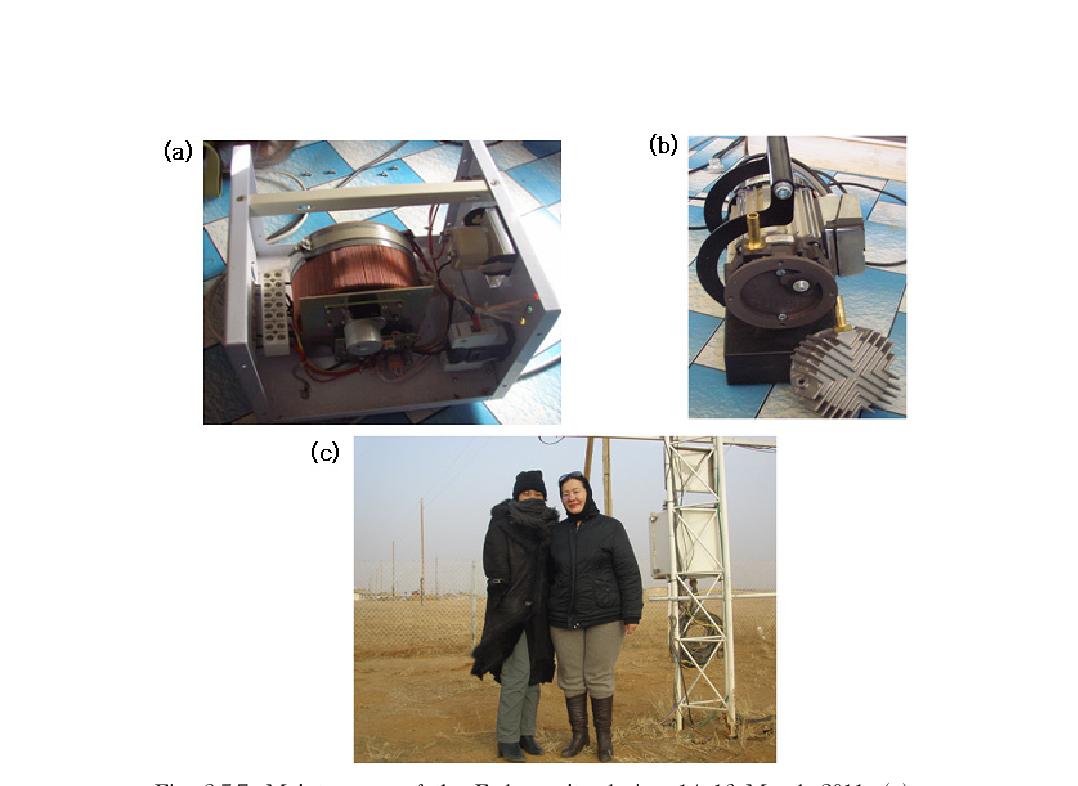 Maintenance of the Erdene site during 14-16 March 2011. (a) check of an electric transformer, (b) cleaning of a pump for beta