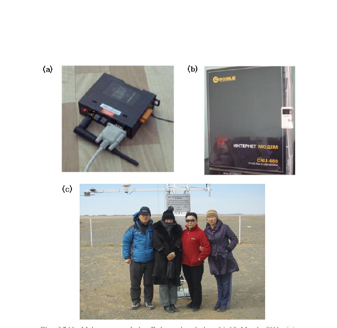 Maintenance of the Erdene site during 14-16 March 2011. (a) wireless telephone modem, (b) wireless internet, (c) group photo (Dr. Park, Dr. Munkhtsettseg, Ms Dulamtso: Head of NAMEM Umnogovi Aimag), Ms. Oyngerel: site manager)놈곤 관측소 현지 점검(2011. 3.14-16.).