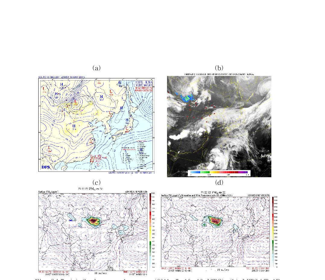 (a) Surface weather map (2011. 5. 10. 12 UTC), (b) MTSAT-1R IODI image (2011. 5. 10. 12:33 UTC), and forecasted surface PM10 from (c) UM-ADAM2 (N320), (d) UM-ADAM2 (N512) (model initial time 2011. 5. 10. 12 UTC).