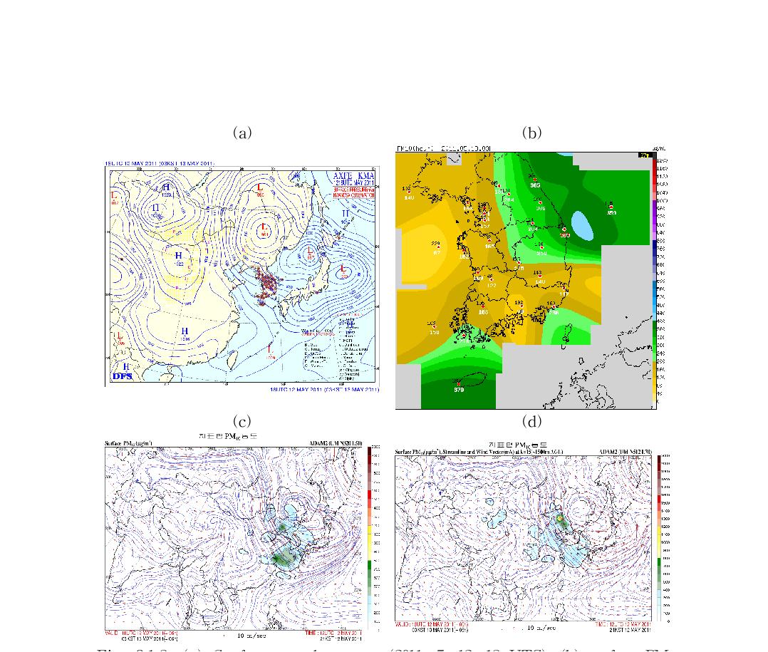(a) Surface weather map (2011. 5. 12. 18 UTC), (b) surface PM10 observation (2011. 5. 12. 18 UTC), and forecasted surface PM10 from (c) UM-ADAM2 (N320), (d) UM-ADAM2 (N512) (model initial time 2011. 5. 12. 12 UTC).