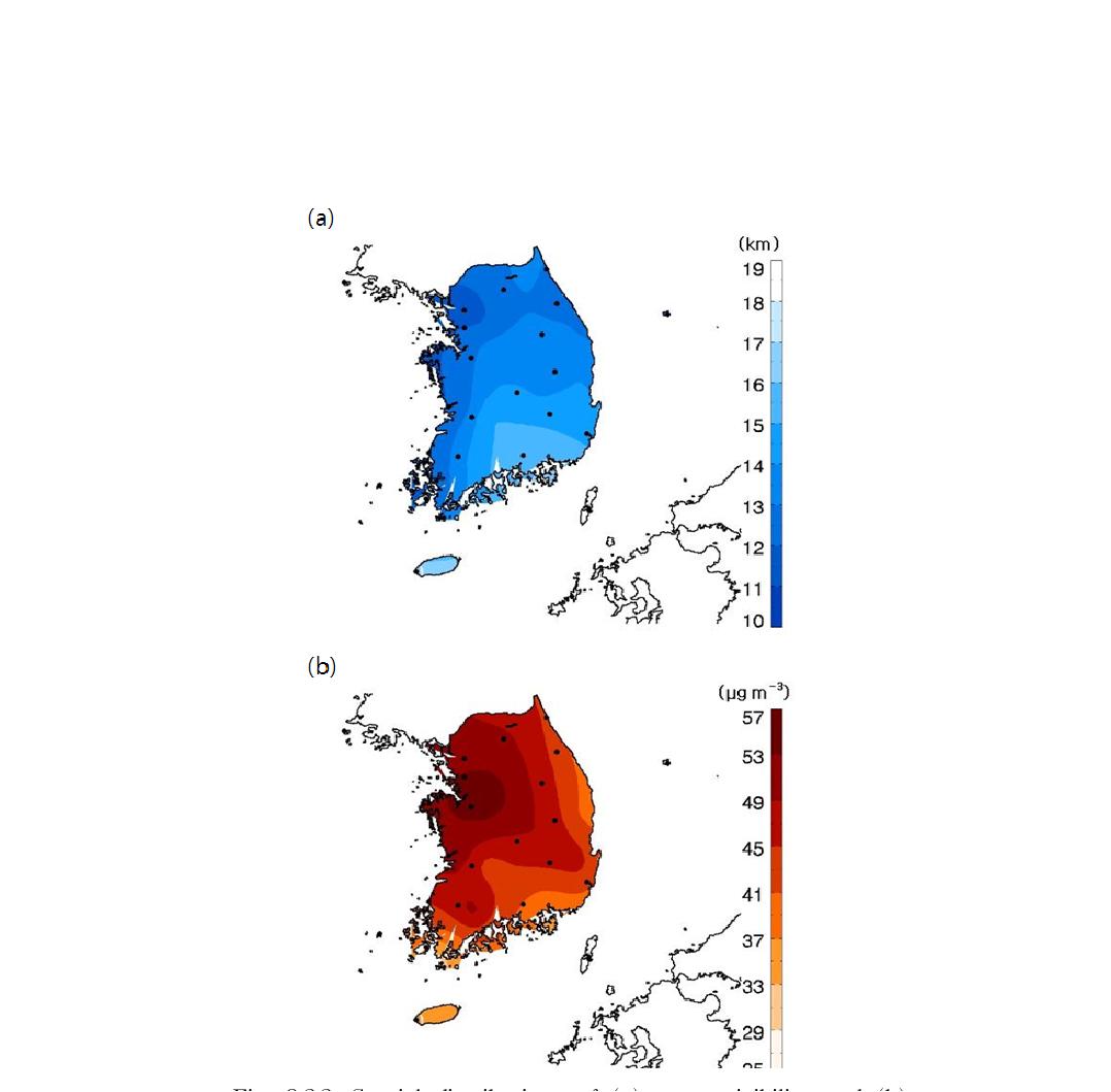 Spatial distributions of (a) mean visibility and (b) mean PM10 concentration from 2005 to 2009.