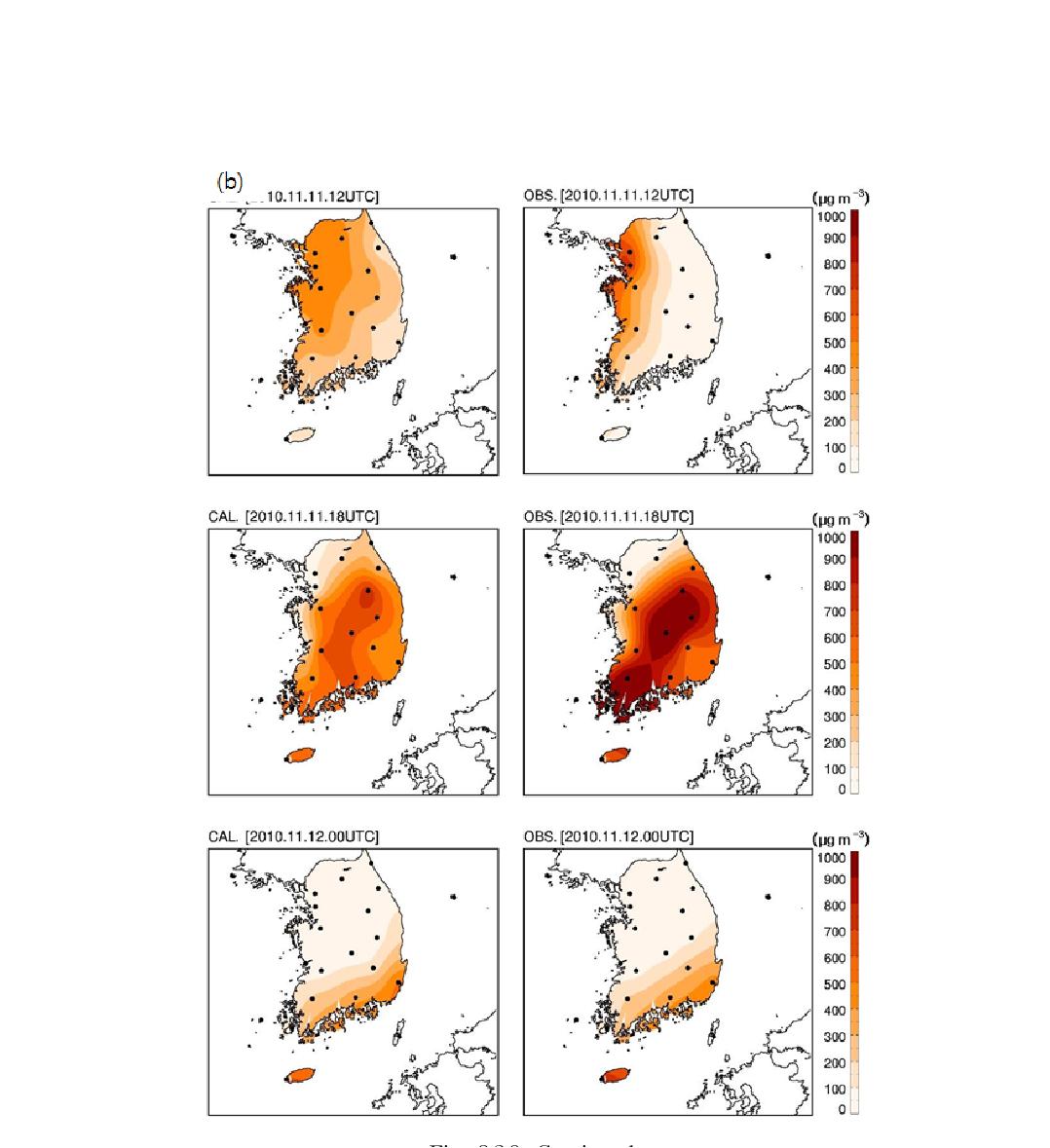 Spatial distributions of observed (left) and calculated PM10 concentration (right) at (a) 12 UTC, 15 UTC and 18 UTC 20 March 2010 during the 5th Asian dust case of 2010, (b) 12 UTC, 18 UTC, 11 Nov. and 00 UTC 12 November 2010 during the 12th Asian dust case of 2010.