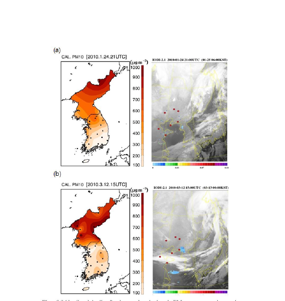 Spatial distributions of calculated PM10 concentration using visibility data (left) and IODI images of MTSAT (left) at (a) 21 UTC 24 January (b) 15 UTC 12 March, (c) 18 UTC 15 March, (d) 00 UTC 2 April, (e) 18 UTC 2 December, and (f) 09 UTC 10 December in 2010.