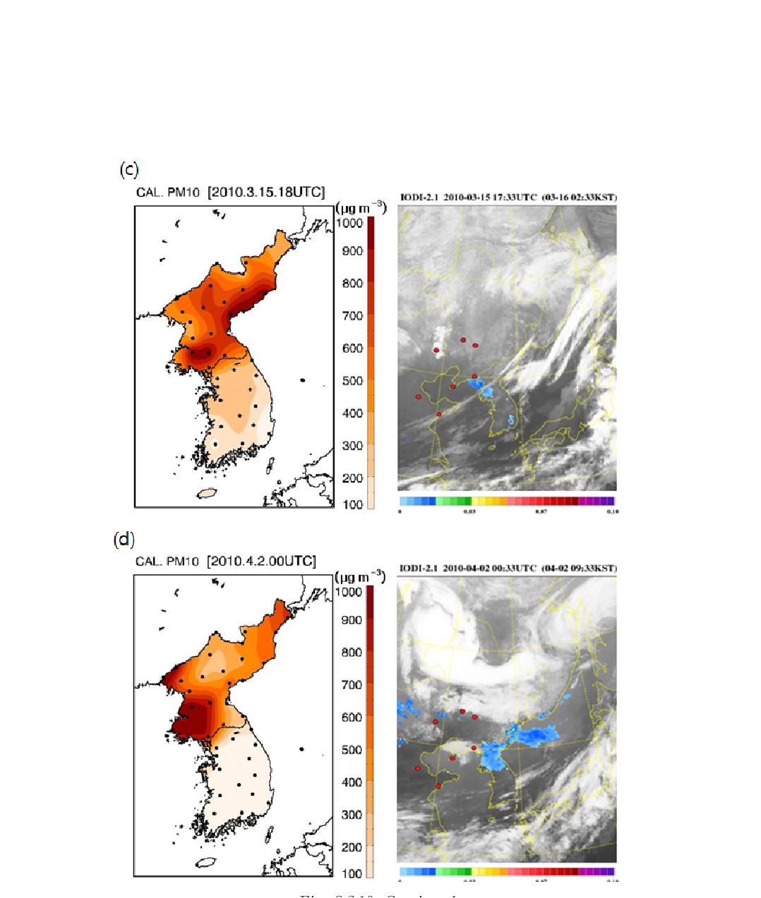 Spatial distributions of calculated PM10 concentration using visibility data (left) and IODI images of MTSAT (left) at (a) 21 UTC 24 January (b) 15 UTC 12 March, (c) 18 UTC 15 March, (d) 00 UTC 2 April, (e) 18 UTC 2 December, and (f) 09 UTC 10 December in 2010.