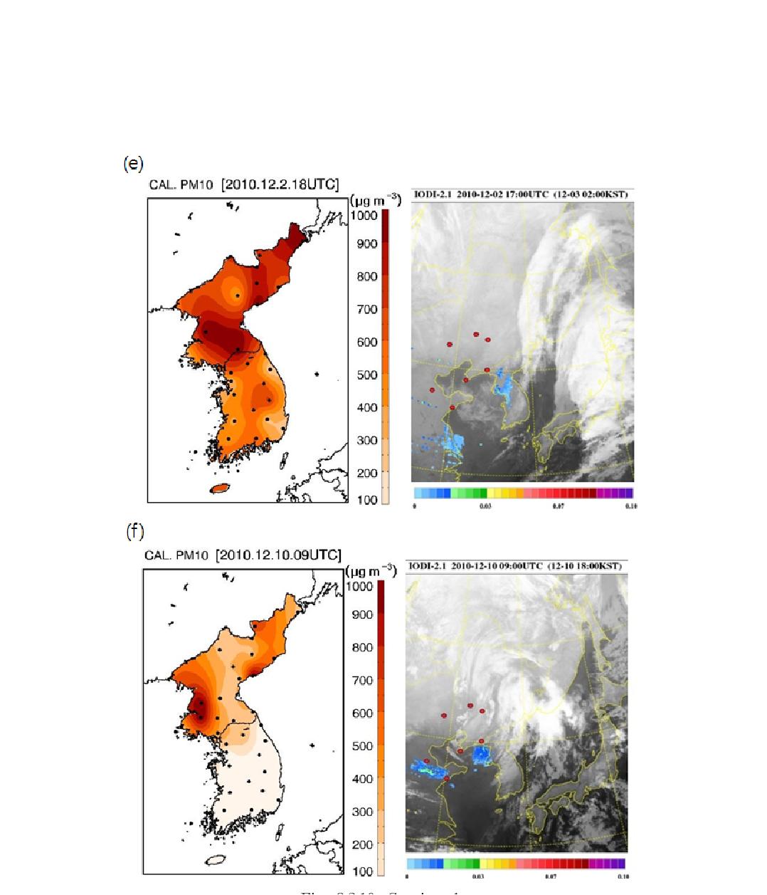 Spatial distributions of calculated PM10 concentration using visibility data (left) and IODI images of MTSAT (left) at (a) 21 UTC 24 January (b) 15 UTC 12 March, (c) 18 UTC 15 March, (d) 00 UTC 2 April, (e) 18 UTC 2 December, and (f) 09 UTC 10 December in 2010.
