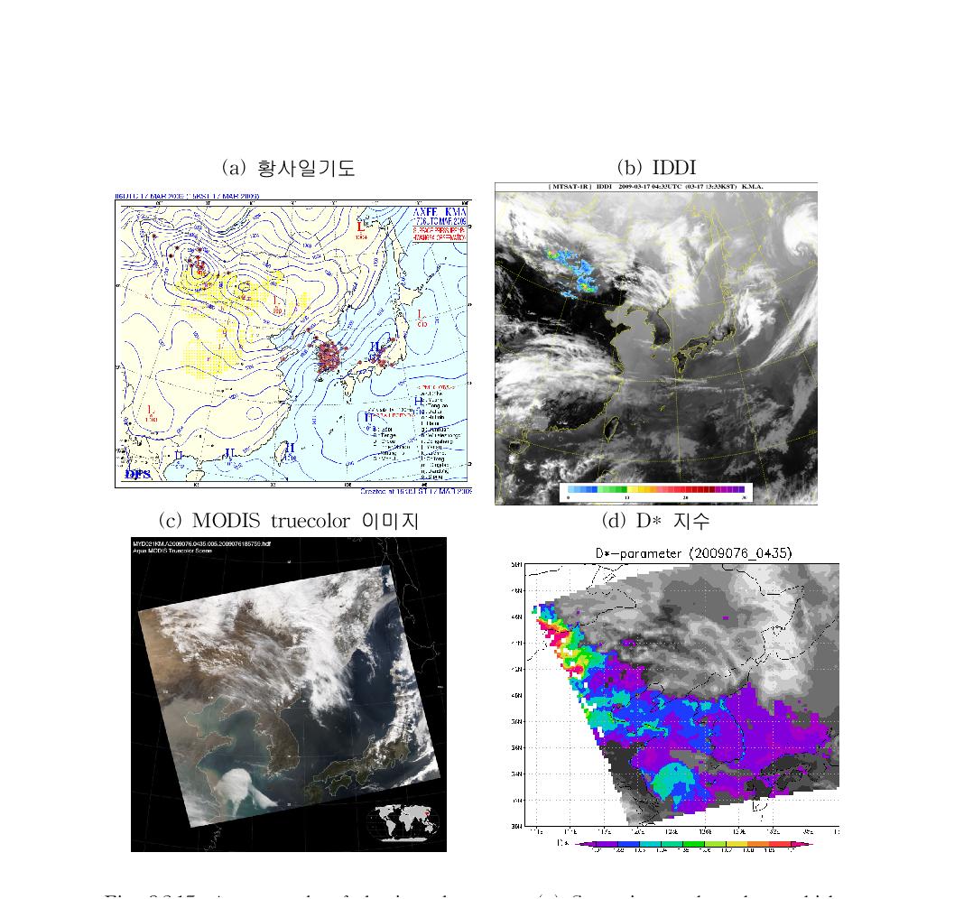 An example of daytime dust case. (a) Synoptic weather chart which shown dust code for 06 UTC 17 March 2009. (b) IDDI image provided from KMA for 04:33 UTC 17 March 2009. (c) Aqua MODIS truecolor scene for 04:35 UTC 17 March 2009. (d) Dust detection result using D*-parameter for 04:35 UTC 17 March 2009. The grey and color scales indicate TB11㎛ and D*-parameter, respectively.