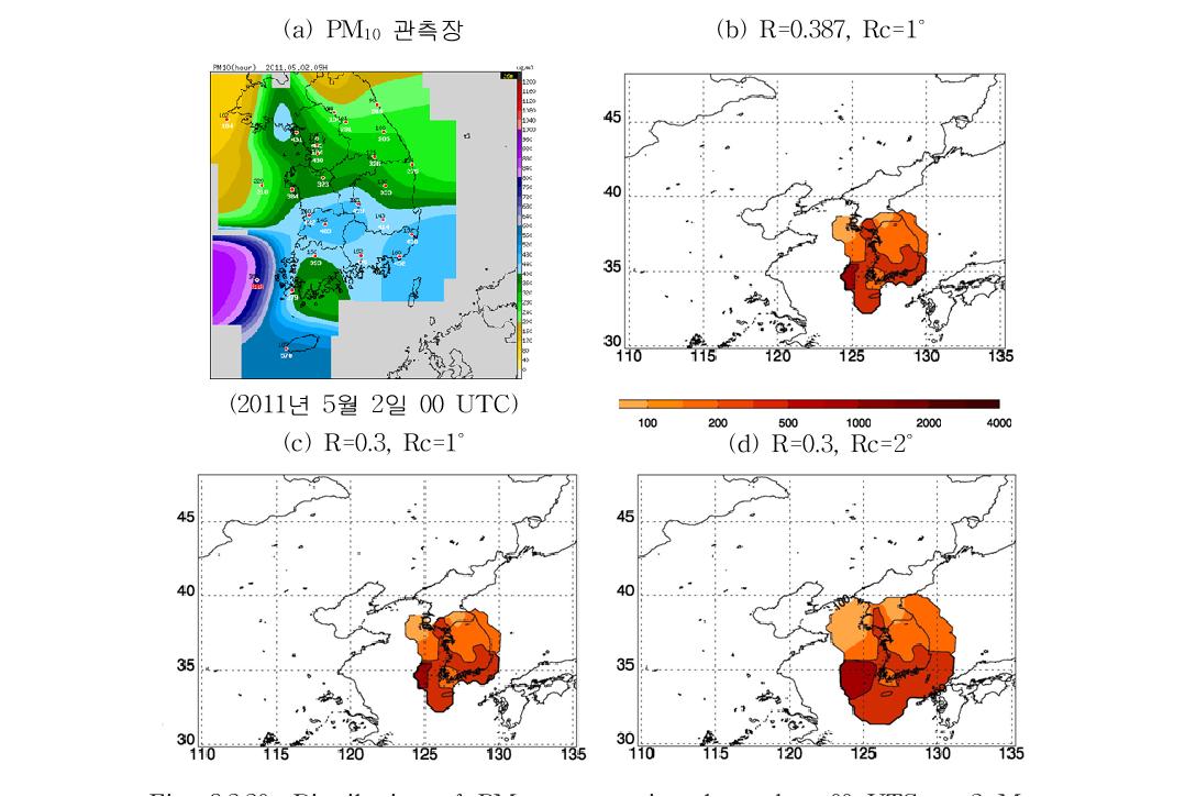 Distribution of PM10 concentration observed at 00 UTC on 2 May 2011(a), and interpolation results with different R and Rc(b-d).
