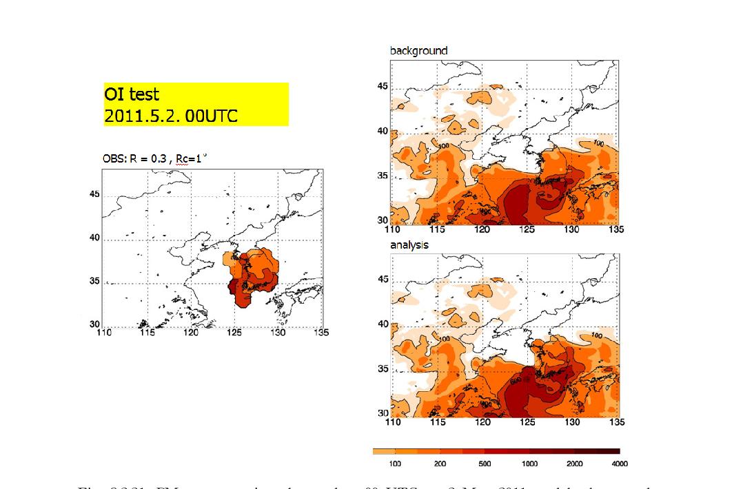 PM10 conentration observed at 00 UTC on 2 May 2011, and back-ground and analysis of 12 hr forecast of PM10 simulated by UM-ADAM2 initiated at 12 UTC on 1 May 2011.