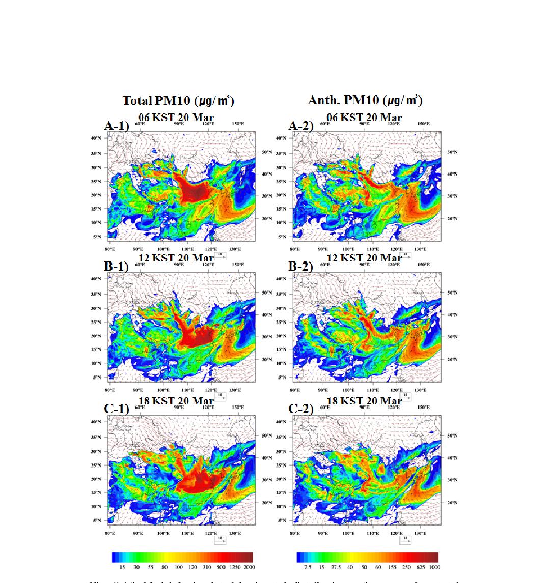 Model 1 simulated horizontal distributions of near surface total PM10 concentration (left panel, µg m-3) and anthropogenic PM10 concentration (right panel; μg m-3) at (a) 0600 KST 20, (b) 1200 KST 20, (c) 18 KST 20, (d) 00 KST 21, (e) 06 KST 21, (f) 12 KST 21 March 2010.
