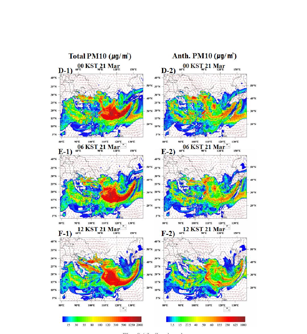 Model 1 simulated horizontal distributions of near surface total PM10 concentration (left panel, µg m-3) and anthropogenic PM10 concentration (right panel; μg m-3) at (a) 0600 KST 20, (b) 1200 KST 20, (c) 18 KST 20, (d) 00 KST 21, (e) 06 KST 21, (f) 12 KST 21 March 2010.